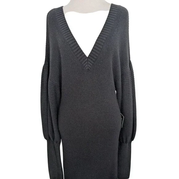 NEW Express Ribbed Maxi Dress Womens Size Medium Black Stretch V Neck Long - Picture 2 of 12